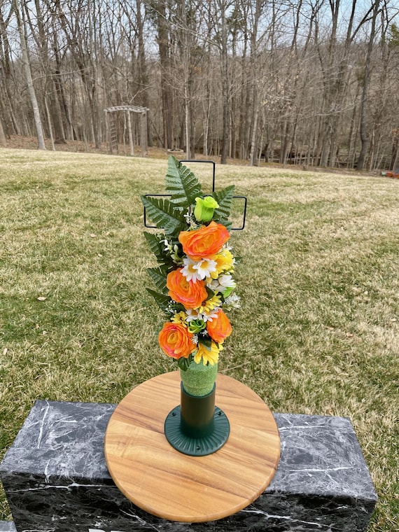 Orange-White-Yellow Silk Flowers on Cross, Cemetery Cross with Heart, 22” Cross Flower Arrangement, Flowers for Cemetery, Memorial Flowers