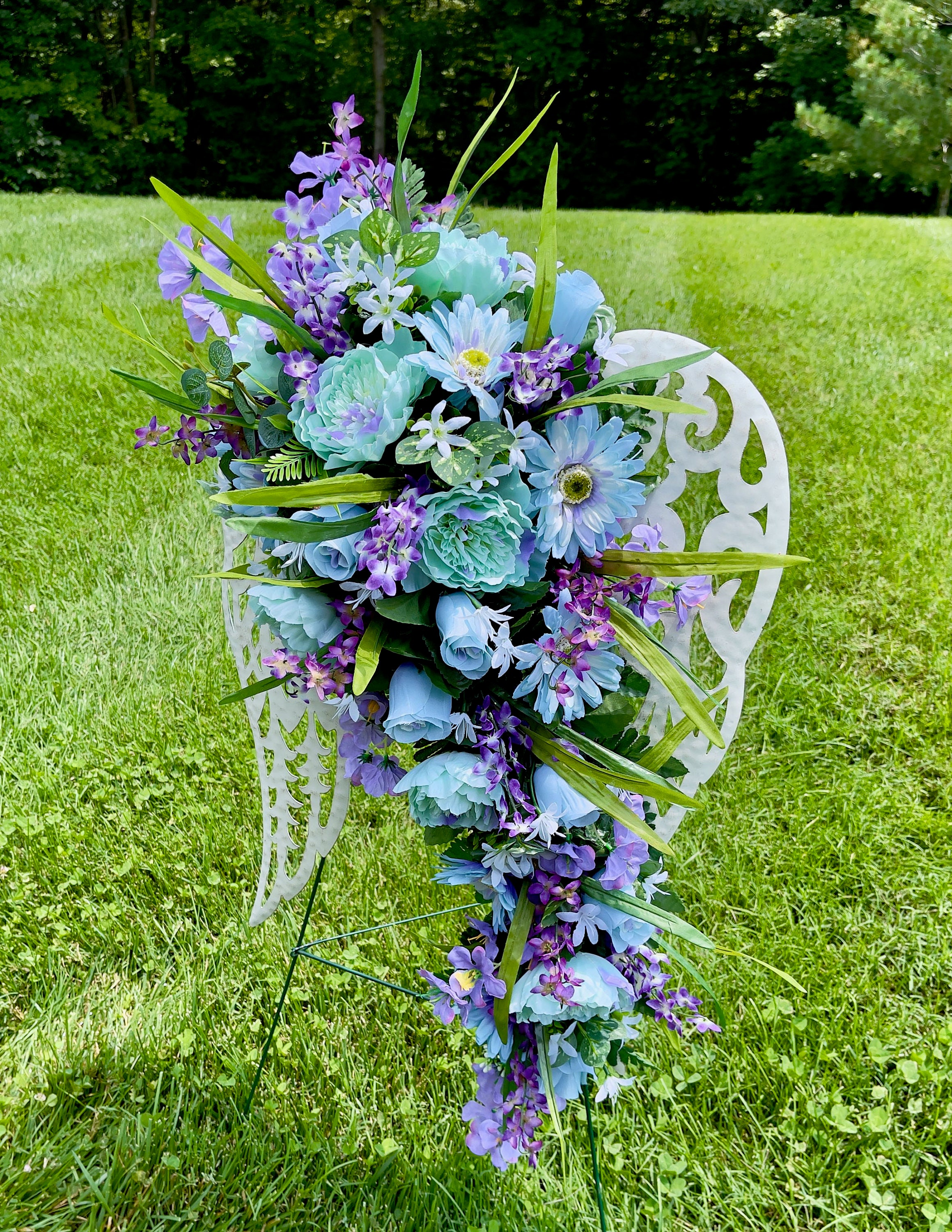 Peacock Blue & White Funeral Wreath Flowers