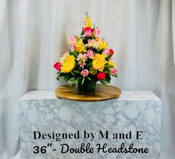 Yellow and Pink Hanging Basket for Shepherd Hook, Cemetery Hanging Basket, Memorial Flower, Grave Decoration, Hanging Cemetery Arrangement