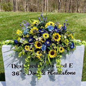 1 Yellow-Blue Quality Silk Flowers, Cemetery Saddle, Cemetery Flowers, Headstone Saddle, Cemetery Arrangement, Memorial Day Flowers