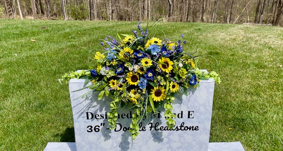 1 Yellow-Blue Quality Silk Flowers, Cemetery Saddle, Cemetery Flowers, Headstone Saddle, Cemetery Arrangement, Memorial Day Flowers
