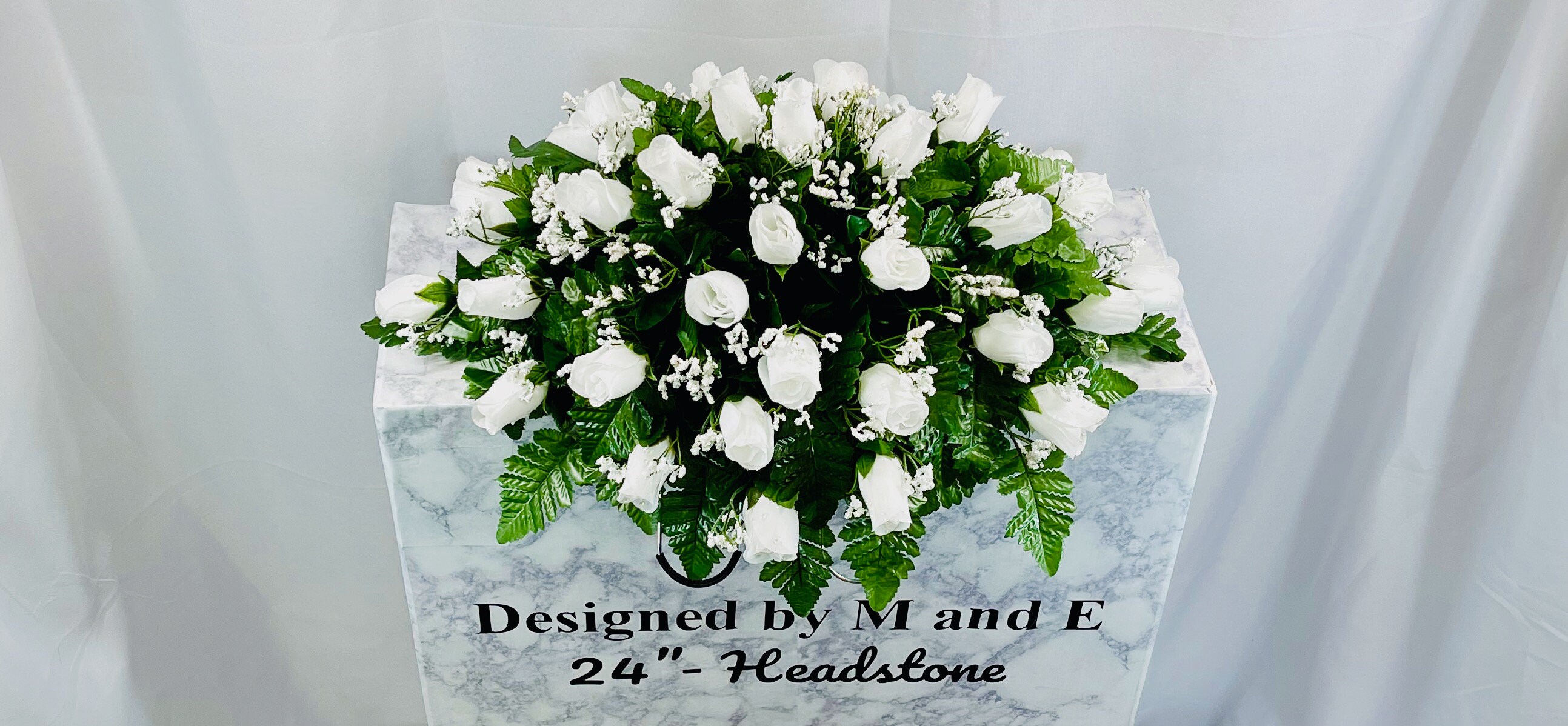 White Roses Single Headstone Cemetery Saddle, 2224” Cemetery Flower