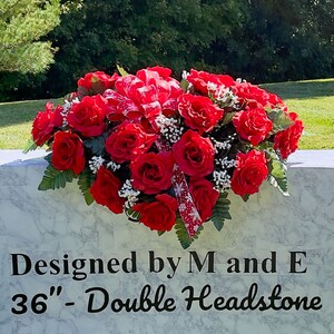 Red Roses with Snowflake Bow Christmas Cemetery Saddle, Christmas Cemetery Flowers, Headstone Saddle Arrangement, Christmas Headstone Saddle