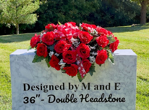 Red Roses with Snowflake Bow Christmas Cemetery Saddle, Christmas Cemetery Flowers, Headstone Saddle Arrangement, Christmas Headstone Saddle
