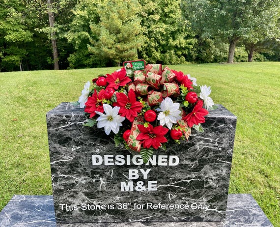 Christmas Cemetery Saddle: Merry Christmas Sign with Apples & Bow Memorial Flowers