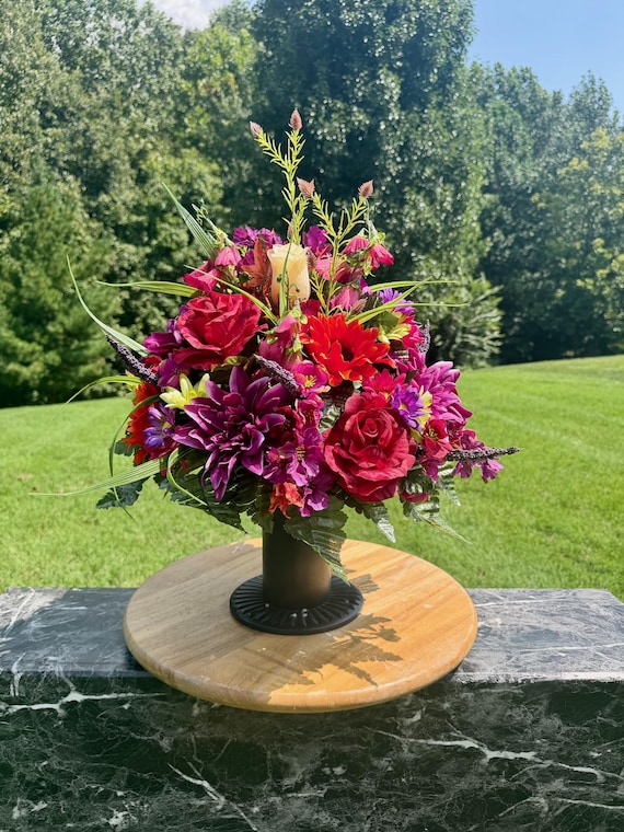 Burgundy, Red and Cream Fall Cemetery Vase Arrangement: Fall Memorial Flowers