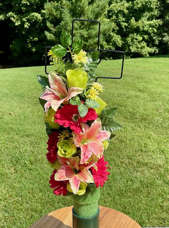 Silk Cemetery Cross Flower Arrangement: Pink and Green Memorial