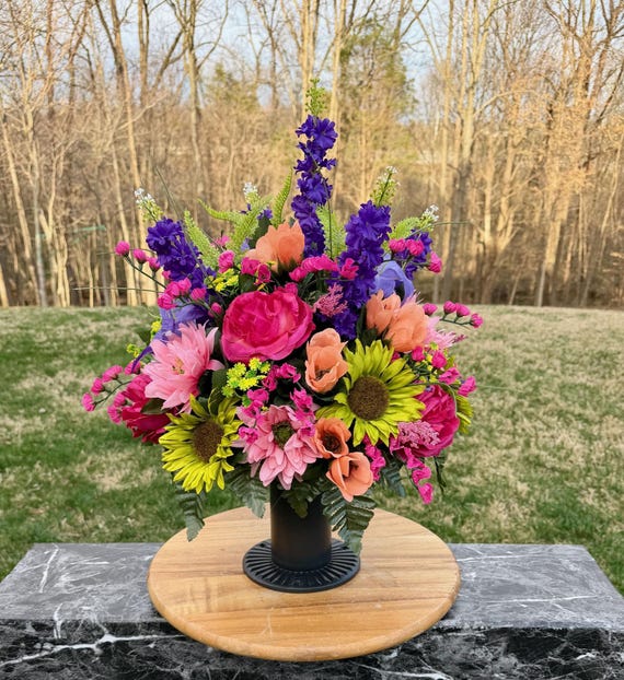 Multi-Color Silk Flower Cemetery Vase: Spring Memorial Arrangement