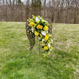 White-Yellow Bright Quality Silk Flowers on Bronze Angel Wings for Cemetery,  Cemetery Flowers, Cemetery Wreath, Gravesite Flowers