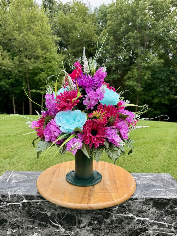One-of-a-Kind cannot be duplicated Silk Flower Cemetery Vase - Memorial Headstone Arrangement - Grave Decoration