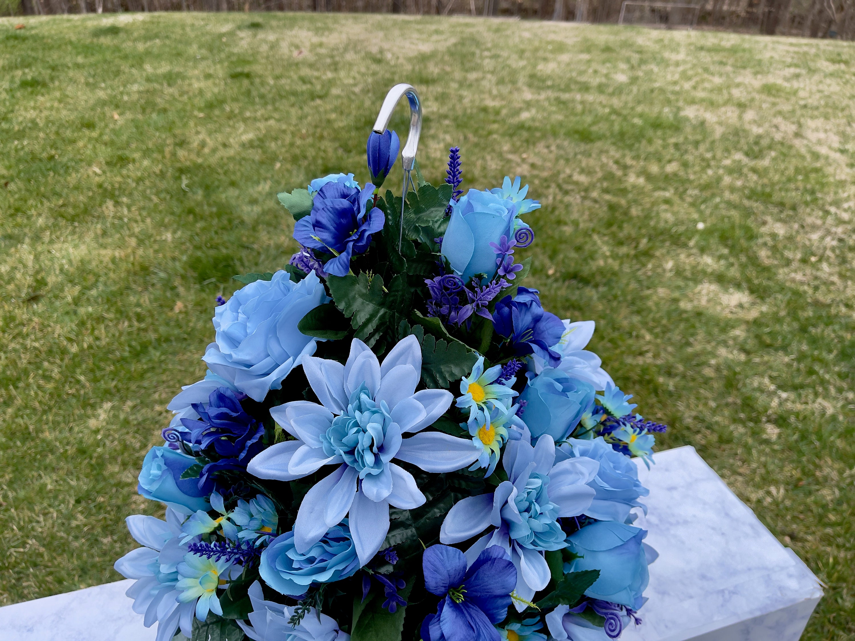 Blue Large Hanging Basket for Shepherd Hook, Hanging Basket, Memorial Flower, Grave Decoration