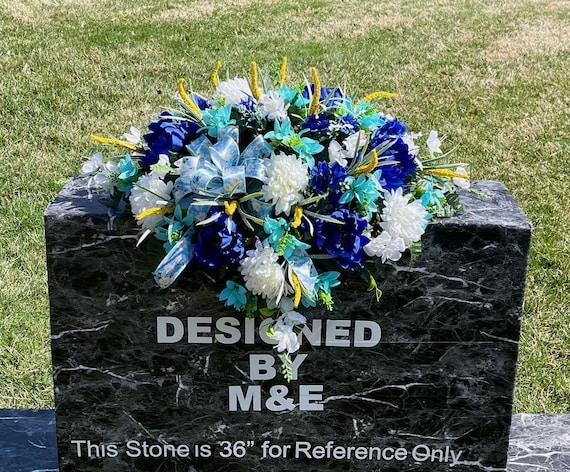 Teal-Blue-White-Yellow Cemetery Saddle, Flowers for the Cemetery, Memorial Day Saddle, Sympathy Flowers, Cemetery Flowers, Gravesite Flowers