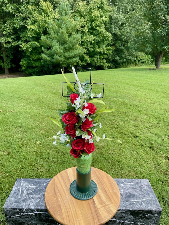 Silk Cemetery Cross Flower Arrangement: Red, White & Green Memorial