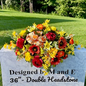 Bow with Red-Yellow Quality Silk Flowers, Cemetery Saddle, Cemetery Flowers, Headstone Saddle, Cemetery Arrangement, Memorial Day Flowers