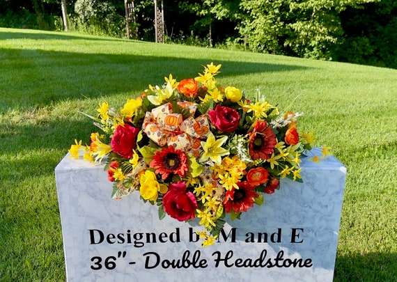 Bow with Red-Yellow Quality Silk Flowers, Cemetery Saddle, Cemetery Flowers, Headstone Saddle, Cemetery Arrangement, Memorial Day Flowers