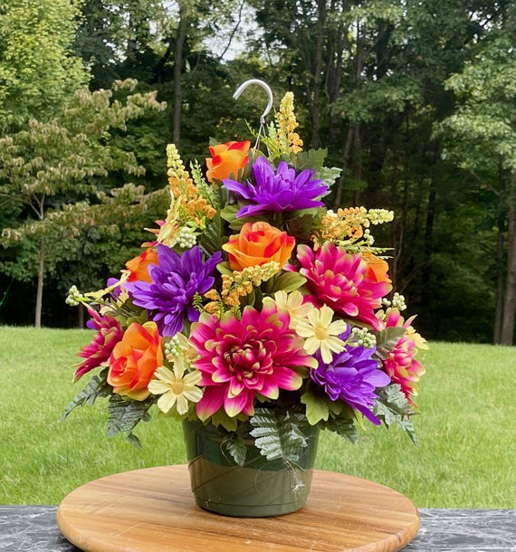 Bright Multi-Color Silk Flower Hanging Basket: Cemetery Memorial Decoration