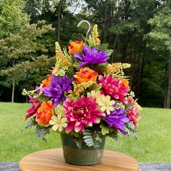 Bright Multi-Color Silk Flower Hanging Basket: Cemetery Memorial Decoration