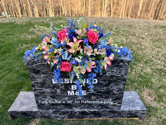 Silk Flower Cemetery Saddle Arrangement, Blues Pinks Memorial Headstone Flowers