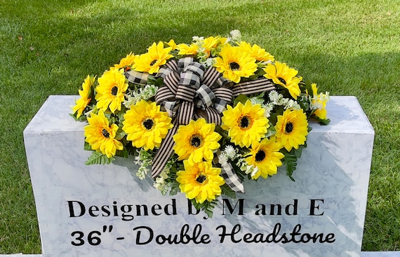 Sunflower with Tan Bow Quality Silk Flowers, Cemetery Saddle, Cemetery Flowers, Headstone Saddle, Cemetery Arrangement, Memorial Day Flowers
