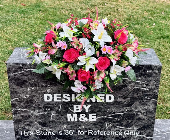 White and Pink Cemetery Saddle Arrangement, Headstone Flowers, Memorial Day Tribute