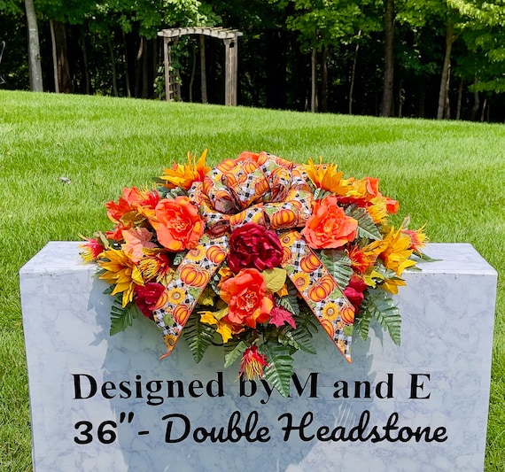 Orange Fall Colors with Large Bow and Quality Silk Flowers, Cemetery Saddle, Cemetery Flowers, Headstone Saddle, Cemetery Arrangement,