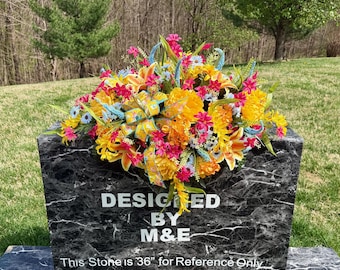 Multi-Color Cemetery Saddle Arrangement with Bow, Grave Decorations Memorial Flowers