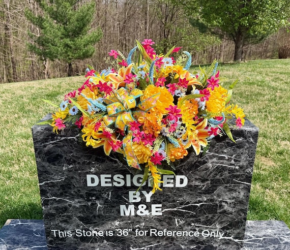 Multi-Color Cemetery Saddle Arrangement with Bow, Grave Decorations Memorial Flowers