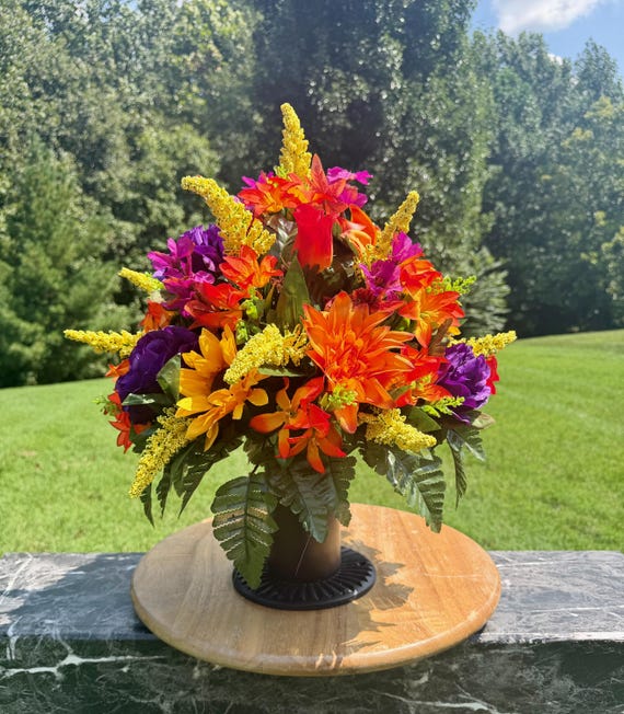 Bright Fall Cemetery Vase Arrangement: Fall Memorial Flowers