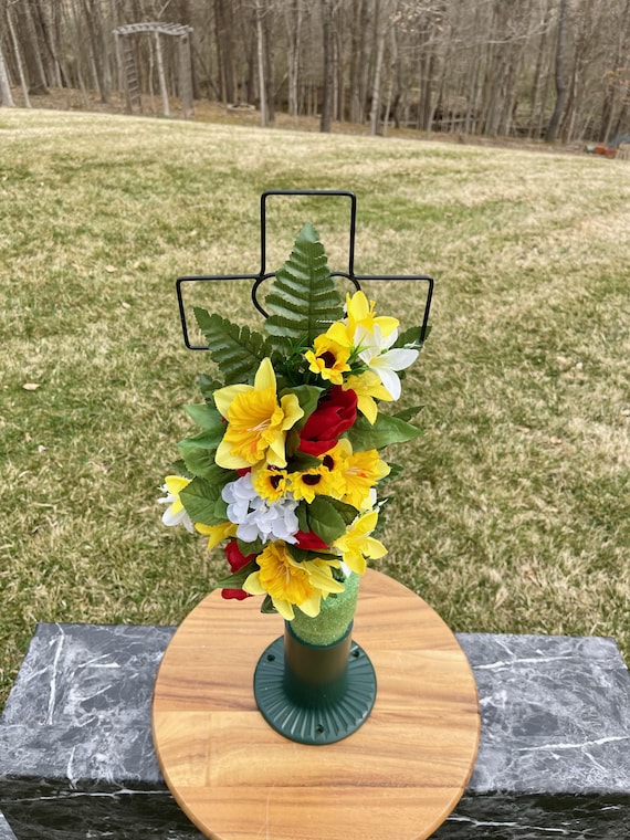 Yellow-Red-White Silk Flowers on Cross, Cemetery Cross with Heart, 22” Cross Flower Arrangement, Flowers for Cemetery, Memorial Flowers