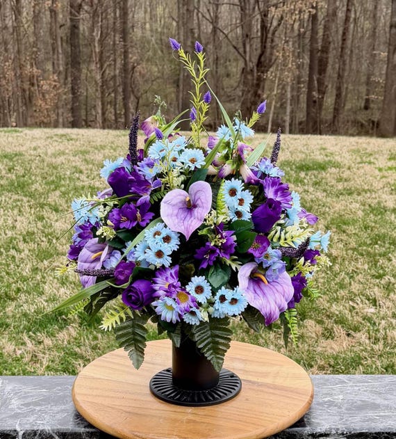 Purple, Violet and Blue Cemetery Vase, Grave Decorations, Memorial Arrangement Flowers
