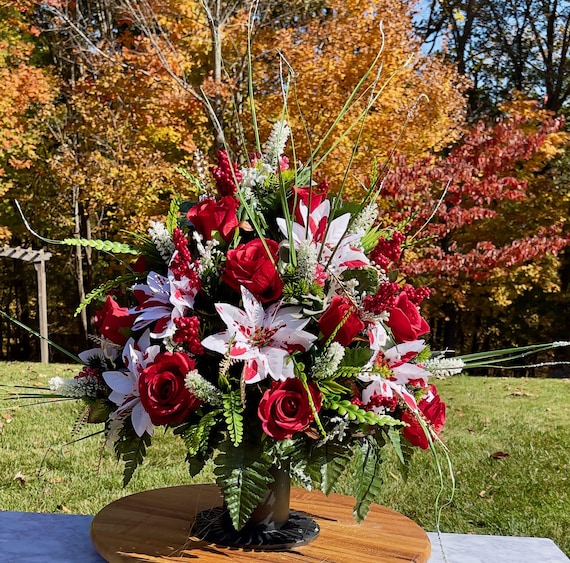 Large Variegate Christmas Cemetery Vase Piece,  Holiday Vase, Vase Arrangement, Cemetery Vase, Sympathy Flowers for Vase, Headstone Vase