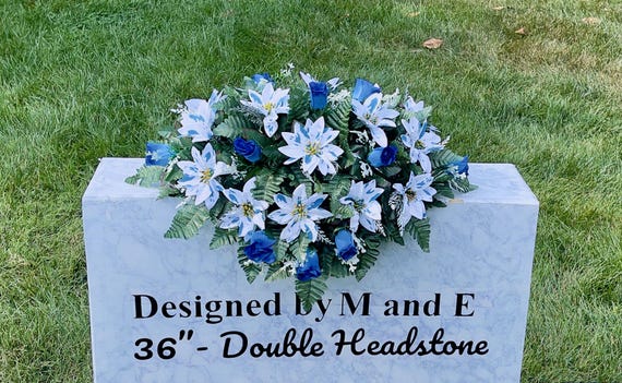Blue and White Christmas Cemetery Saddle, Christmas Cemetery Flowers, Headstone Saddle Arrangement, Christmas Saddle
