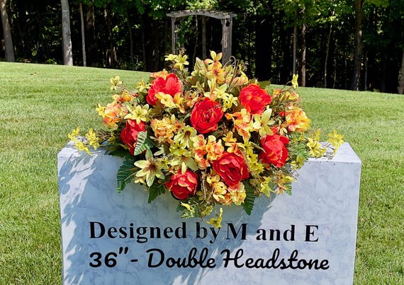 Beautiful Fall Oranges-Greens Quality Silk Flowers, Cemetery Saddle, Cemetery, Headstone Saddle, Cemetery Arrangement, Memorial Flower