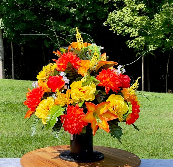 Yellow, Orange and White Cemetery Vase, Vase Arrangement, Memorial Cemetery Vase, Memorial Flowers, Spring Cemetery Vase, Sympathy Flowers