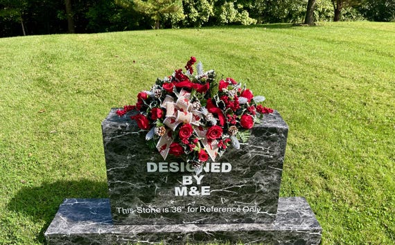 Christmas Cemetery Saddle: Redbirds with Roses and Pinecones & Bow Memorial Flowers