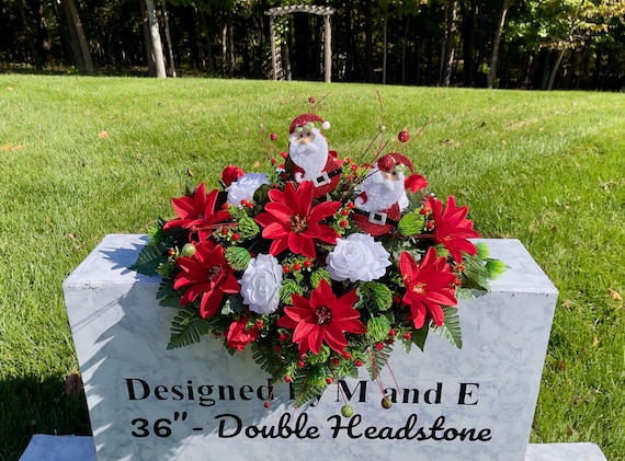 Twin Santas Christmas Cemetery Saddle, Winter Headstone Decorations, Cemetery Flowers, Grave Holiday Arrangement