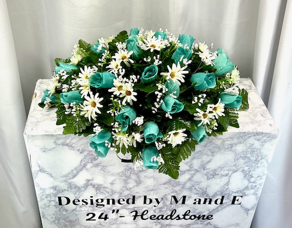 Teal Cemetery Saddle, 22"-24", Cemetery Arrangement, Flowers for Cemetery, Memorial Day Saddle, Headstone Flowers, Gravesite Flowers