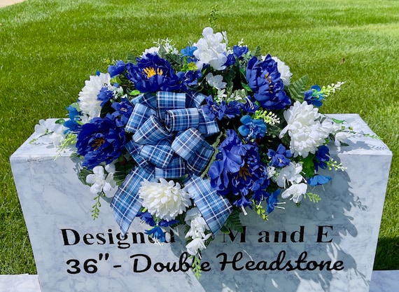Blue and White with Bow Quality Silk Flowers, Cemetery Saddle, Cemetery Flowers, Headstone Saddle, Cemetery Arrangement, Memorial Day Flower