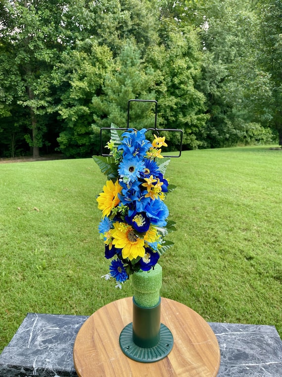 Silk Cemetery Cross Flower Arrangement: Blue & Yellow Memorial