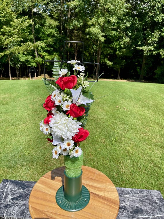 Silk Cemetery Cross Flower Arrangement: Bright Red and White Memorial