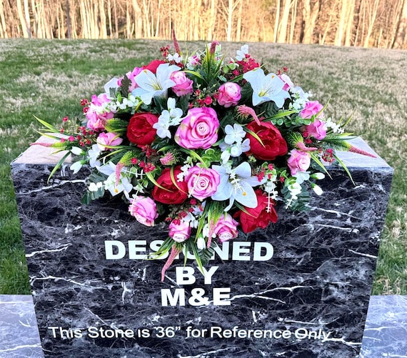 Cemetery Saddle Arrangement, Red Pink White Flowers, Memorial Day Tribute