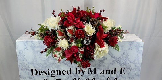 Redbirds Christmas Cemetery Saddle, Silk Flower Headstone Arrangement