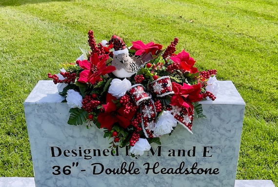 Christmas Cemetery Saddle, Plaid Hat Snowbird, Holiday Headstone Flowers