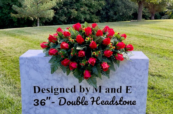Red Roses with Holly Christmas Cemetery Saddle, Christmas Cemetery Flowers, Headstone Saddle Arrangement, Christmas Headstone Saddle