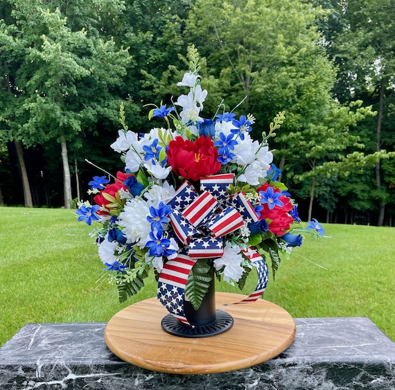 Patriotic Red, White and Blue Cemetery Vase, Vase, Memorial Cemetery Vase, Memorial Flowers, Memorial Day Cemetery Vase, Sympathy Flowers