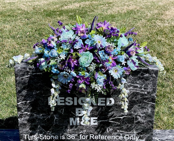 Teal Blue and Purple Cemetery Saddle, Cemetery Saddle, Double Headstone Saddle, Headstone Decoration, Cemetery Flower, Memorial Day Flowers