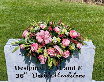Pink & Green Silk Flower Cemetery Saddle: Memorial Headstone Arrangement