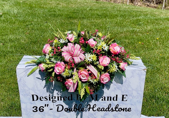 1 Pink-Green Quality Silk Flowers, Cemetery Saddle, Cemetery Flowers, Headstone Saddle, Cemetery Arrangement, Memorial Day Flowers