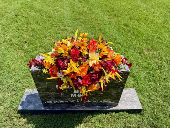Fall Yellow, Orange and Burgundy Cemetery Saddle: Quality Silk Memorial Flowers