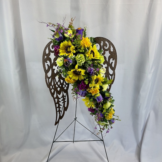 Purple Quality Silk Flowers in Angel Wings with Quality Silk Flowers for Cemetery,  Cemetery Flowers, Cemetery Wreath, Gravesite Flowers